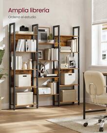 Librería, Estantería de Almacenamiento, con 14 Estantes, Marco de Metal, para Sala de Estar, Estudio, Oficina, Estilo Industrial, 24 x 128 x 166 cm, Marrón Rústico y Negro Tinta - Marrón y negro - Ver 2