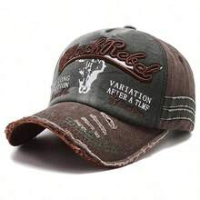 1Pc Vintage Distressed Washed Cotton 3D Bull Skull Letter Embroidery Baseball Cap Hats For Men Outdoor Street Daily Wear ﻿ - A - View 13