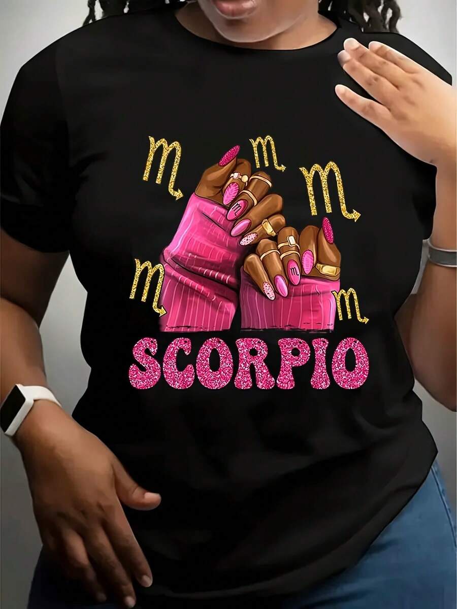 Women's Scorpio Zodiac Graphic T-Shirt, With Scorpion Design, October And November Birthday T-Shirts, Short Sleeve Crew Neck Casual Top, Medium Stretch, Machine Washable, All-Season, Seasonal Fashion, Stylish Top, Stretchy Material, Printed Shirt, Astrology Lovers, 220g