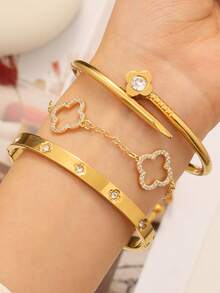 Luxury Elegant Fashion Four-Leaf Clover Nail-Shaped Zirconia Bracelet Stainless Steel Women's Bracelet Set, Suitable For Daily Stacking Wear, Evening Parties, Dates, And Daily Wear As Gifts