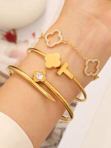 Elegant Fashionable Clover Nail Shape Hollow Zirconia Stainless Steel Women's Bracelet Set, Suitable For Daily Wear, Stacking, Couple Dates, Multi-Occasion Matching, And Gift Giving