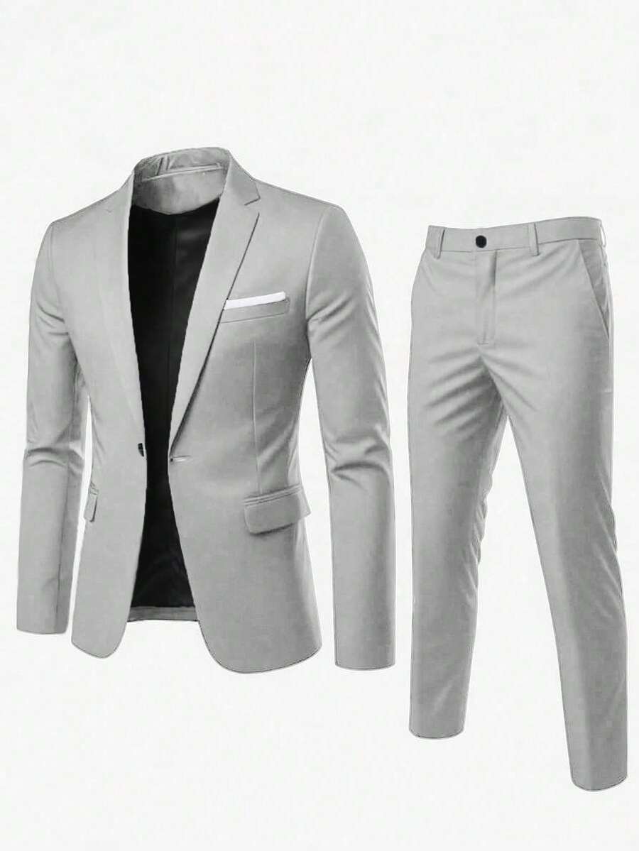 男士休闲西装套装，包括夹克和裤子，适合春秋季节 - 灰色 - 查看 1