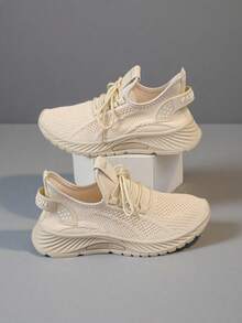 2025 New Style Women's Casual Sports Shoes Solid Color Lace-Up Slip-On Wear-Resistant Eva Insole Women's Tennis Shoes Indoor Exercise Outdoor Hiking Autumn And Winter Women's Shoes - Màu be - Xem 1