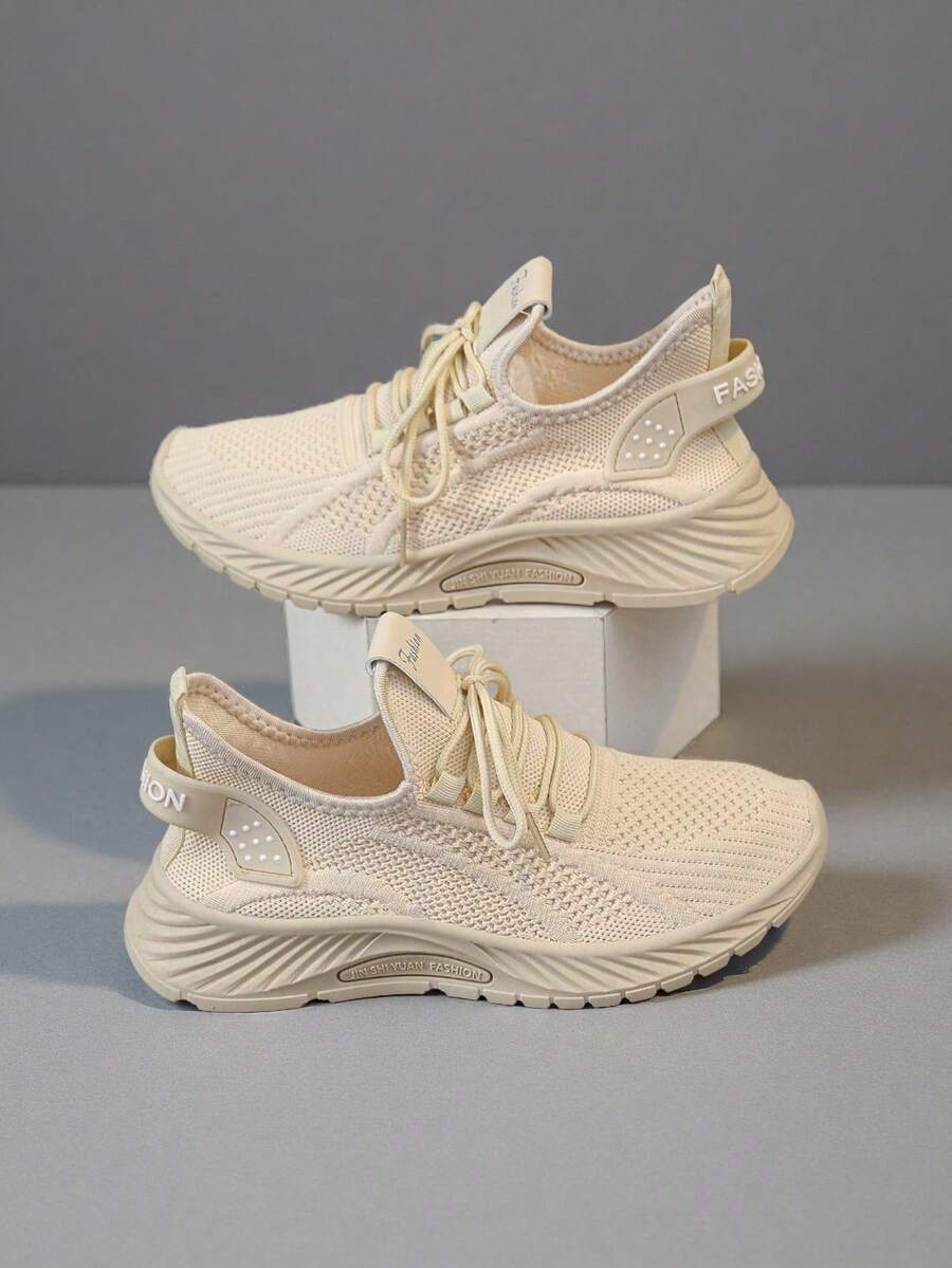 2025 New Style Women's Casual Sports Shoes Solid Color Lace-Up Slip-On Wear-Resistant Eva Insole Women's Tennis Shoes Indoor Exercise Outdoor Hiking Autumn And Winter Women's Shoes - Màu be - Xem 1