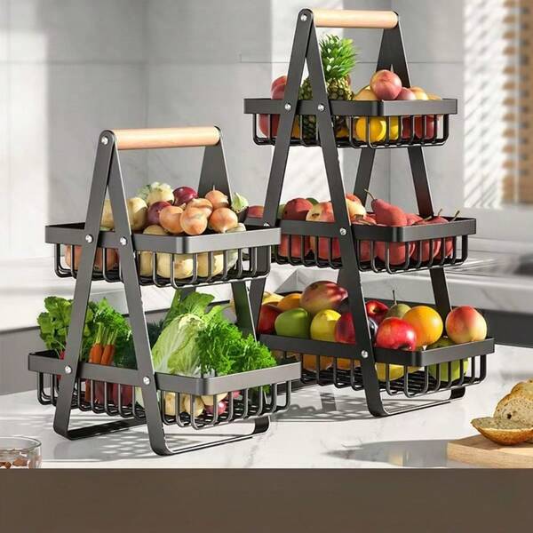 Detachable & Stackable Fruit Basket, Dual-Layer Storage Wooden Handled Basket, Iron Art Storage Rack For Kitchen & Living Room