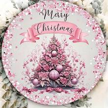 1pc Festive Pink Christmas Tree Wreath Sign - 7.87" Round Aluminum Door Decor With "Merry Christmas" Banner, Ornament Accents & Glitter Details For Holiday Home Entrance Display, Festive Wall Sign|Decorative Christmas Sign|Floral Accents Design, Christmas Tree Decorations Home Decor Christmas Decorations Room Decor