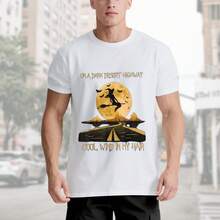 Camiseta unisex de Halloween de bruja montando escobas en carretera - 220g% algodón, blanco y negro, manga corta, cuello redondo, tema de Halloween, regalo para hombres, mujeres, papá, mamá y amigos, tallas S- - Blanco - Ver 4