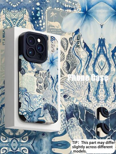 1pc Ocean Element Collage Pattern Vertical Faux Leather Texture Classic Anti-Drop Soft TPU Phone Case Compatible With Apple And 16/16PLUS/16PRO/16PROMAX