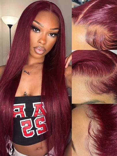 Burgundy Color 13x4 Lace Frontal Wig Straight Transparent Lace 200% Pre Plucked Hairline 99J# Wine Red Virgin Human Hair Lace Front Wigs With Baby Hair
