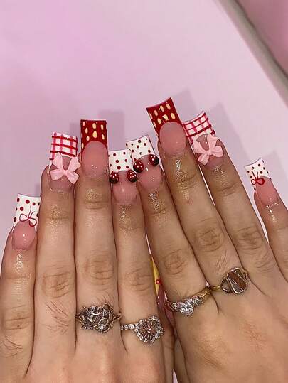 24 Pcs Of Medium-Length Square Crylic Press On Nails In Red Plaid Girlish Style 3D Three-Dimensional Strawberry Red And Yellow Polka Dots Hand-Painted Bows Bright Yellow French Edges Playful Princess Parties And Banquets Portable Fake Nails With Jelly Glue 1 Piece Of Rubbed Strips