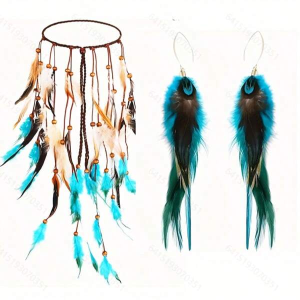 1 szt. Vintage Bohemian, ręcznie robiona, pleciona opaska na głowę z piórami, damska ozdoba do włosów na plażę, imprezę, wesele