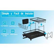 Escurridor de Trastes de 2 Niveles de Acero Inoxidable para Cocina, Escurreplatos con Bandeja de Drenaje, Soporte para Utensilios, Tabla de Cortar y Estante para Tazas, Fácil de Instalar y Limpiar - Negro - Ver 10