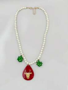 1 pieza Collar de Navidad para mujer, collar de cuentas de perlas falsas, estampado de reno de acrílico rojo, collar colgante con flor de Navidad verde, adecuado como regalo de fiesta de Navidad para mujeres
