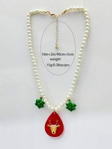 1 pieza Collar de Navidad para mujer, collar de cuentas de perlas falsas, estampado de reno de acrílico rojo, collar colgante con flor de Navidad verde, adecuado como regalo de fiesta de Navidad para mujeres