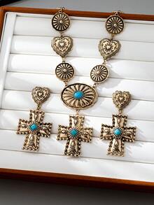 OABE 3pcs/Set Vintage Boho Style Textured Carving Heart/Cross Pendant With Turquoise Inlay Women Jewelry Set Including Necklace And Earrings, Western Charm For Daily Wear - Love Cross Set - View 4
