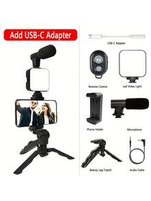 适用于 和 Android 的便携式三脚架视频博客套件、手机支架、LED 灯、迷你枪式麦克风、电池供电设计（不含电池）、用于视频通话和视频博客的户外直播套件、用于视频/旅行录制的视频制作套件、Vlog、适用于智能手机、相机、自拍灯、方形补光灯、手机支架