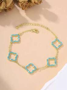 1pc Luxury Copper Zirconia Hollow Floral Chain Bracelet, Fashionable & Elegant Women's Lucky Charm Bracelet, Birthday/Date Gift