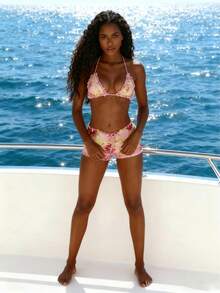 USA Cute Summer Print Ruffles Bikini Women V-Neck Two Pieces Girls Vacation Outfit Beachwear