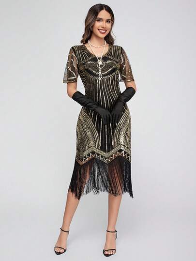1920s Vintage Sequin Beaded Short Sleeve Dress, Fringe Decor