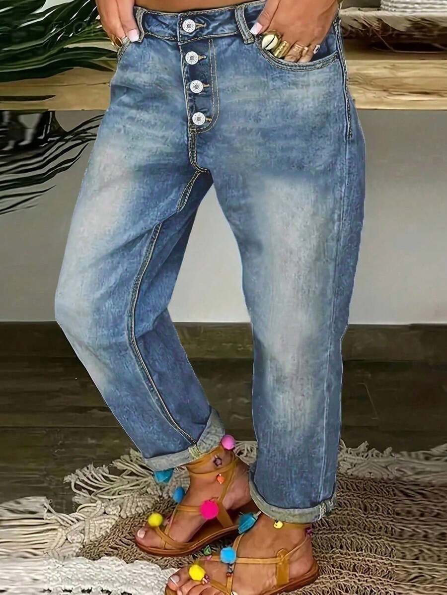 Dam Enkelknäppta Baggy Boyfriend Jeans Lösa Denim Harembyxor - Ljustvätt - Visa 1
