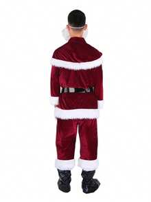 Santa Claus Costume Set Hat+Shawl+Top Shirt +Loose Pants+Shoes+Gloves+Waist Belt, Deluxe Velvet Santa Suit - Đỏ - Xem 3