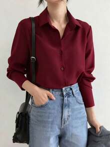 ISADORA MODA Women's Long Sleeve Shirt In Polyester Fabric, One Button On The Cuffs, White And Black, Pmg - 酒紅色 - 查看 2