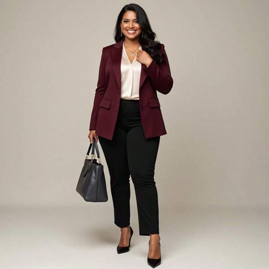 Women's Plus Size Tailored Blazer Elegant Office Autumn Winter Casual Social - Màu Đỏ Sâu - Xem 1