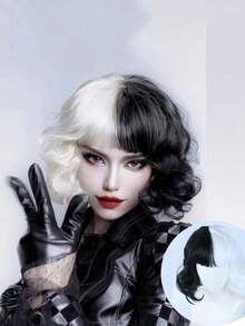 1pc/Ladies' Fashion Black And White Yin-Yang Curly Wig, Medium Length, Very Suitable For All Kinds Of Costume Role-Playing.,Halloween