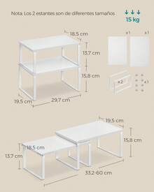 Estante para Especias, Juego de 2, Organizador de Armario, Estante de Almacenamiento de Cocina Extensible, Especiero de Metal y Madera de Ingeniería, Blanco Nieve y Blanco - Blanco - Ver 6