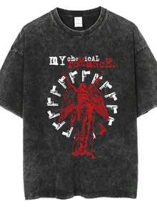 Rock Band My Chemical Romances  Washed T Shirts The Black Parade Men Women Punk Hip Hop Short SLEEs Ve Cotton T Shirt Oversized Tees - 黑色 - 查看 1