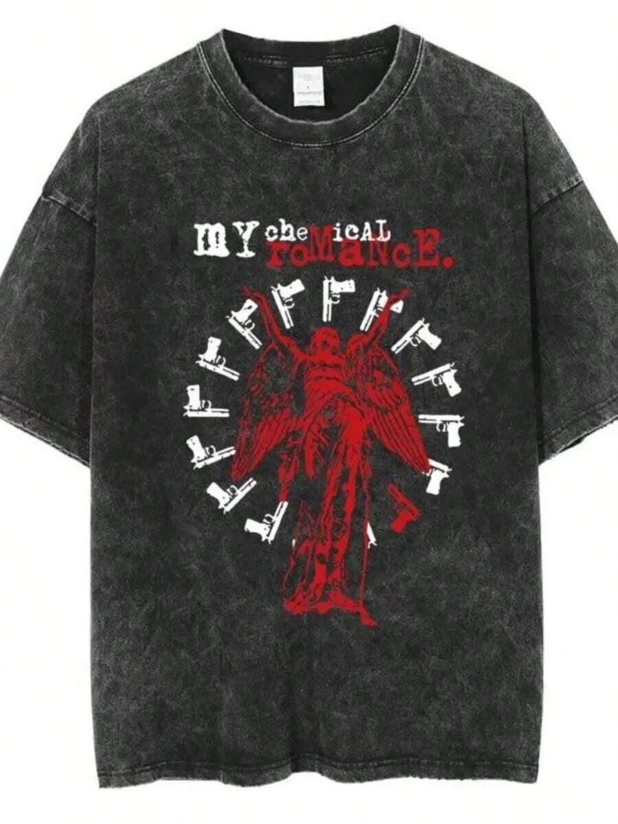 Rock Band My Chemical Romances  Washed T Shirts The Black Parade Men Women Punk Hip Hop Short SLEEs Ve Cotton T Shirt Oversized Tees - 黑色 - 查看 1