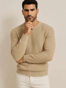 Men's Knitted Sweater, Round Neck, Long Sleeve, Basic Casual Knit Top - 灰色 - 查看 4