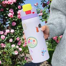 Water Bottle For Women ,32oz Double-Walled Vacuum Insulation Keeps Hot & Cold Drinks, Large Capacity With Portable Handle For Easy Carrying, Ideal For Sports, Outdoor Adventures & Daily Use, Great Holiday Gift Option (White W/ Blue Lid Or Black W/ Pink Floral Design) - 淡紫色 - 查看 7