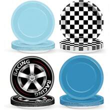 48Pcs Race Car Birthday Party Paper Plates For Theme Party Supplies 7" Black White Fast Paper Plates Blue Racing Car Disposable Tableware For Kids Boys Birthday Baby Shower Decorations - Xe đua - Xem 1