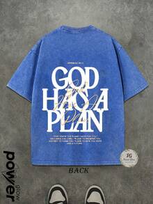 Jesus Tee God Has A Plan Graphic Tee Double-Sided Print Washed T-Shirt Holiday Gifts Y2K Men's Graphic Tees, Street - Style Vintage Washed T - Shirts, 230G Cotton T - Shirts, 100% Pure Cotton, Unisex Graphic Tees  Halloween Back To School  Shirts - 藍色 - 查看 2
