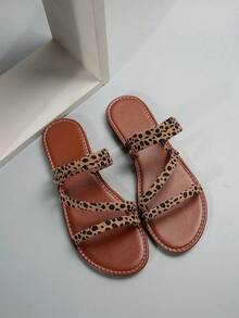 New Plus Size Women Comfortable Simple One-Strap Round Toe Leopard Print Flat Slide Sandals, Casual Fashion Outdoor Beach Slippers For Summer