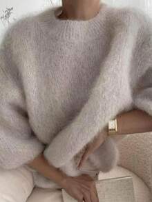 1pc Women Solid Color Soft Fleece Casual Beach Daily Wear Sweater, Short Sleeve Knit Top, Fashionable, Elegant, Comfortable, Stretchy, Warm, Crew Neck, Regular Length Pullover - Beige - View 2