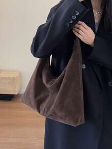 复古绒面革大容量休闲单肩托特包，拼布拼色手提包，优雅百搭通勤托特包，适合女士