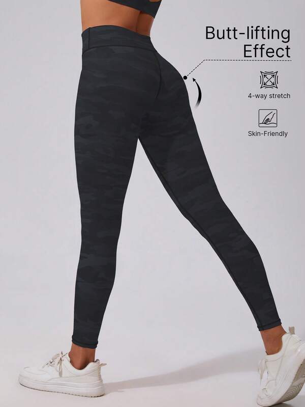 1pc Women's High Waist Butt Lifting Leggings, Tight Fit Workout Pants, Joggers, Cycling Tights, Activewear, Camouflage, High Elasticity, Soft Breathable, Moisture Wicking, Suitable For Gym Fitness, Yoga, Pilates, Outdoor, Casual, Sports, Running, Jogging, Exercise, Cycling, Tennis, Badminton, Soccer, Golf