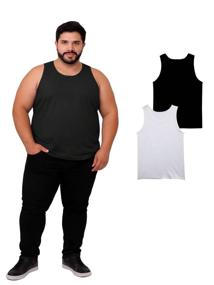 Kit With 2 Assorted Plus Size Men's Tank Tops 100% Polyester - Đen và trắng - Xem 1