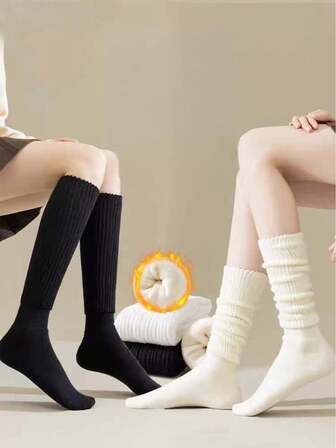 3 双女士厚款罗纹保暖袜，日式舒适保暖袜，适合秋冬季