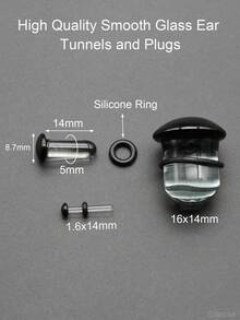 2 piezas de 14G-00G 10mm Grandes pendientes de aro de vidrio liso transparente con cabeza de hongo negra y anillos de silicona. Túneles y tapones de oreja de vidrio liso. Pendientes de barbell rectos para lóbulo, hélix, trago y cartílago. Pendientes de aro para mujeres y hombres, joyas corporales para regalo.