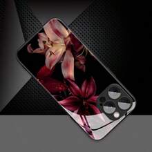 1pc Elegant Lily Flower Pattern Glass Material Phone Case, High-End Atmospheric, Compatible With Iphone, Tempered Glass Material - Black - View 3