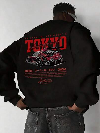 Motocore 男士休闲时尚街头赛车主题印花舒适圆领卫衣，春秋季