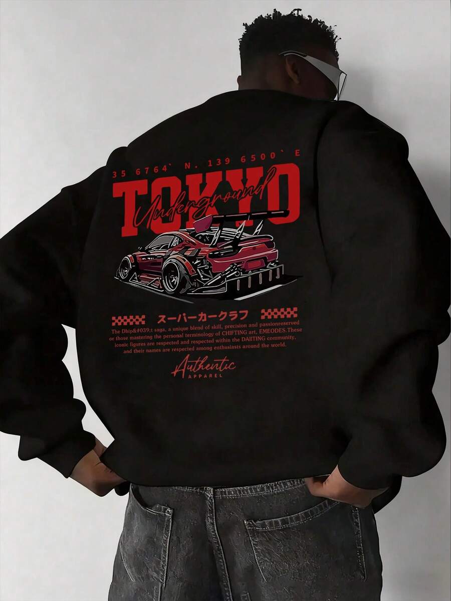 Motocore Racing Men's Casual Loose Fit Round Neck Long Sleeve Sweatshirt With Slogan Print, Autumn/Winter