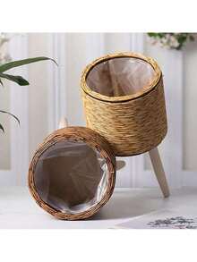 Handcrafted Rattan Weave Planter Basket, Woven Flower Pot Woven Grass Flower Basket , A Round Flower Pot With A Tripod, A Circular Indoor Planter, Balcony Decoration, Suitable For Both Indoor And Outdoor Use - 棕色 - 查看 2