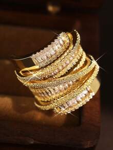 1pc Geometric Multilayer Big Ring, Suitable For Couples, Women, Banquet, Ball, Party, Inlaid With Cubic Zirconia, Copper Ring - Yellow Gold - View 8