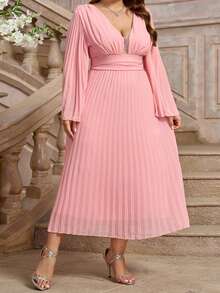 Womens Fall Plus Size Dresses Stylish Solid Pleated Backless V Neck Long Sleeve A-Line Long Dress - Pink - View 2
