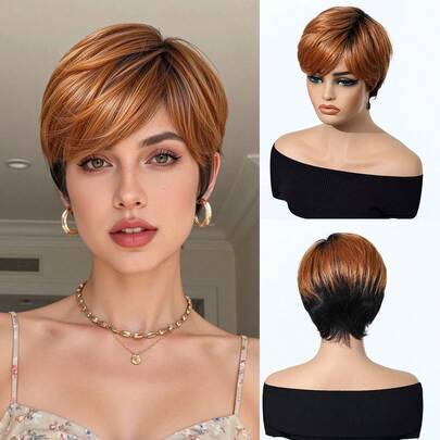 6英寸斜刘海短直发假发，日常优雅的短层次感侧刘海假发，自然融合发质，适合日常、派对、节日和角色扮演，女士发型假发