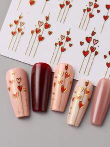 2pcs Red Heart Shiny Golden Stripe Line Valentine's Day Nail Art Stickers & Decals French Tips Nail Charms Decorations DIY Wedding Holiday Nail Supplies - 紅色+金色 - 查看 5